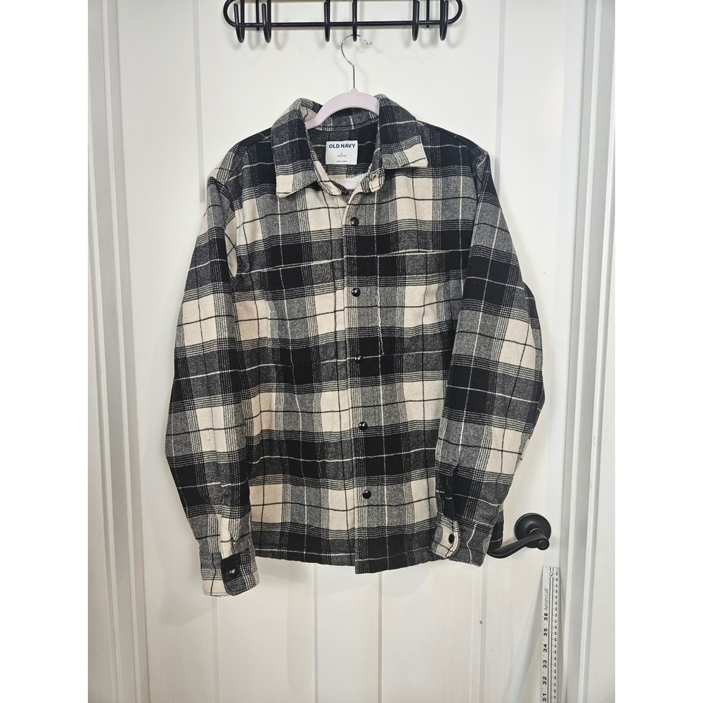 Old Navy Mens Sherpa Lined Plaid Flannel Shacket Black White Wool Blend L 474075